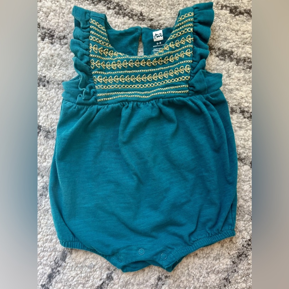 Tea Collection Embroidered Turquoise Romper - Size 6-9m